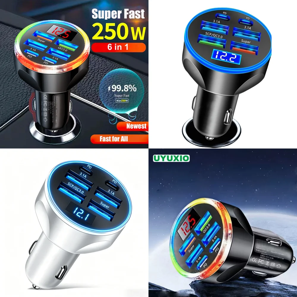 Trending Products 2026 New Arrivals Super Fast Charge Adapter in Car 6 in 1 with Volt Meter Multi Port USB Car Charger Type C