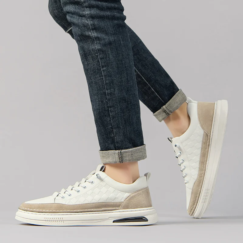 Chaussures à plateforme de style coréen pour hommes, chaussures en cuir respirantes, baskets blanches à coussin d'air, streetwear confortable pour jeunes