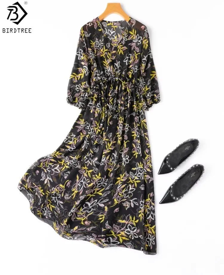 

BirdTree 100% Mulberry Silk Dress,Woman Semi Perspective V-neck Printing High Waist Loose Dress,Vacation Style 2025 New D56704JF