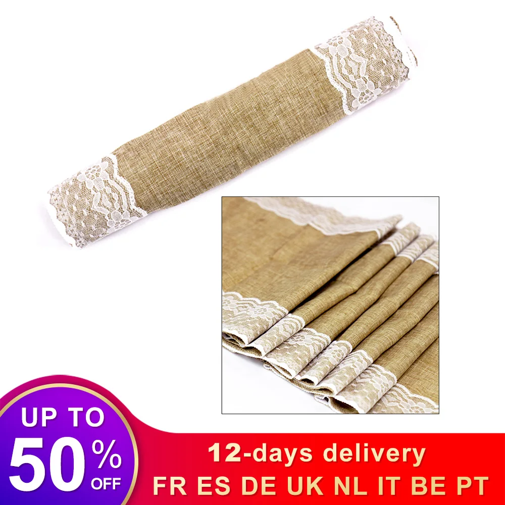 Rustic Burlap Lace Table Runner Natural Imitated Linen Tea Table Cover Table Runners for Wedding Christmas Birthday Party Decor