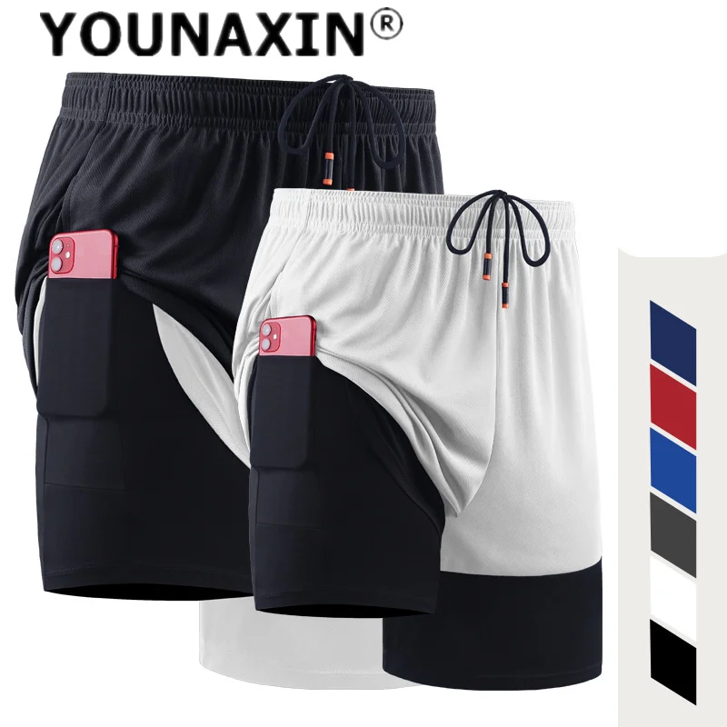 Men Large Size Running Sports Shorts With Pocket Basketball Fake-two-pieces Shorts Fitness Training Quick-drying M L XL 2XL 3XL