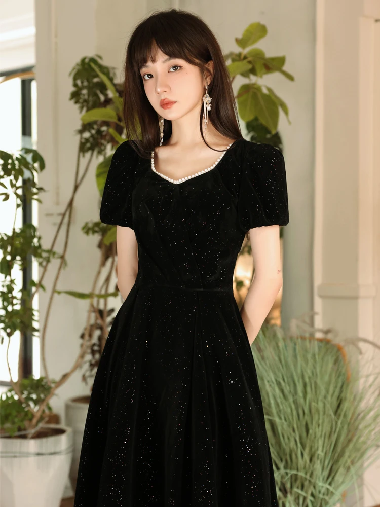 

Ele Bla Velvet Evening Dr Slimming Dinner Par Host Gown Floor Length Zipper Sle Pearl Embellied mid Waist