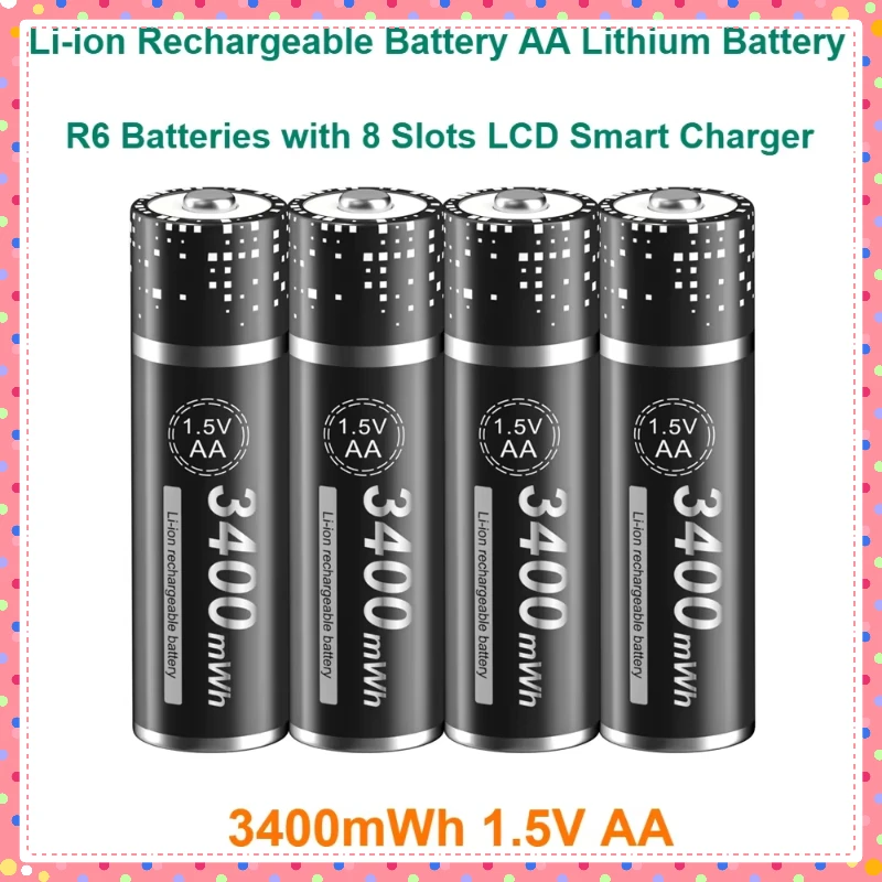 

AA Li-ion Rechargeable Battery Lithium Battery R6 Batteries with 8 Slots LCD Smart Charger High Capacity 3400mWh 1.5V AA Digital