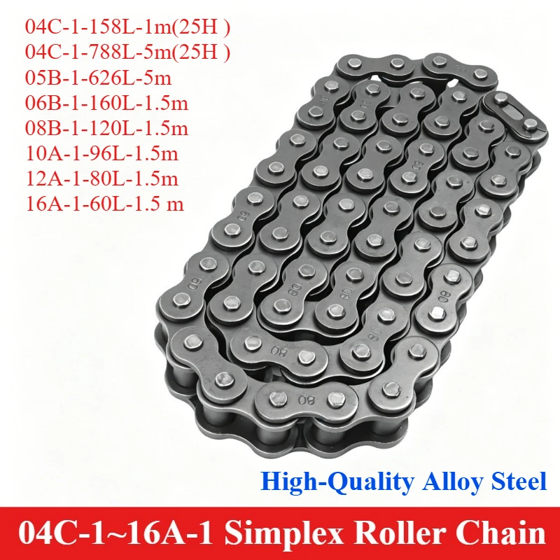 1pcs Single Row Chain 04C 05B 06B 08B 10A 12A 16A Simplex Roller Chain for Industrial Machinery Transmission，Carbon Steel