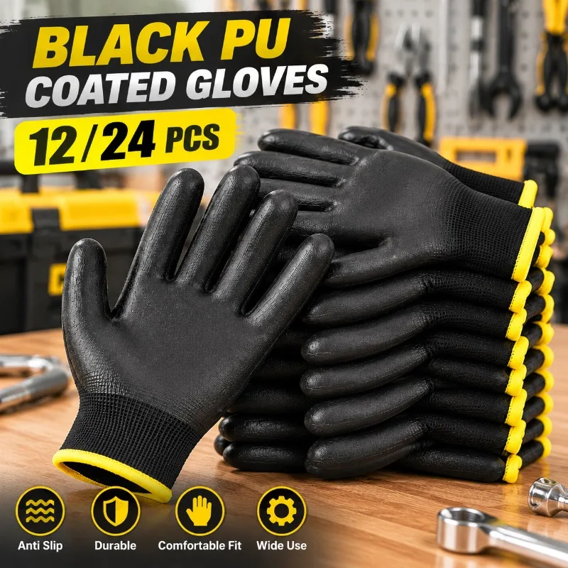 12/24PCS Black PU Work Gloves Anti Slip Coated Safety Gloves Construction Gardening Repair Car Maintenance Handling Tasks Gloves