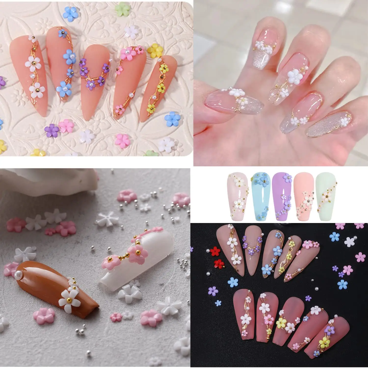 12 grade 3d acrílico flor grânulo encantos do prego misturado 3/6mm 5 flores de metal ouro/prata caviar grânulo parte do prego menina diy flor prego dezembro