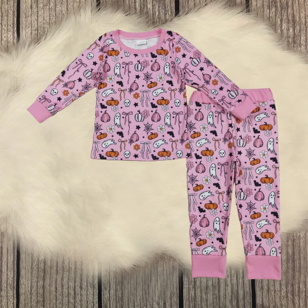 

Toddler Children Halloween Ghosts Pumpkins Pajamas Set Baby Girl Flower Bows Shirt Sleepwear Kids Infant Pants Outfit Wholesale