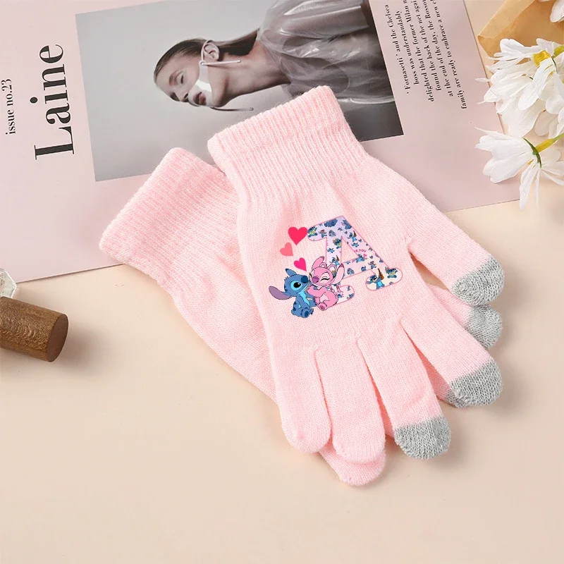 Stitch Disney Girl Gloves Pink Letter A-Z Print Finger Gloves Winter Warm Gloves Children Outdoor Cycling Accessories Xmas Gifts