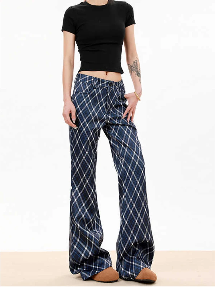 Women's Low Rise Plaid Flared Pants American Retro Skinny Harajuku Long Trouser Bell Bottom Gyaru Harajuku Y2k Japanese Street