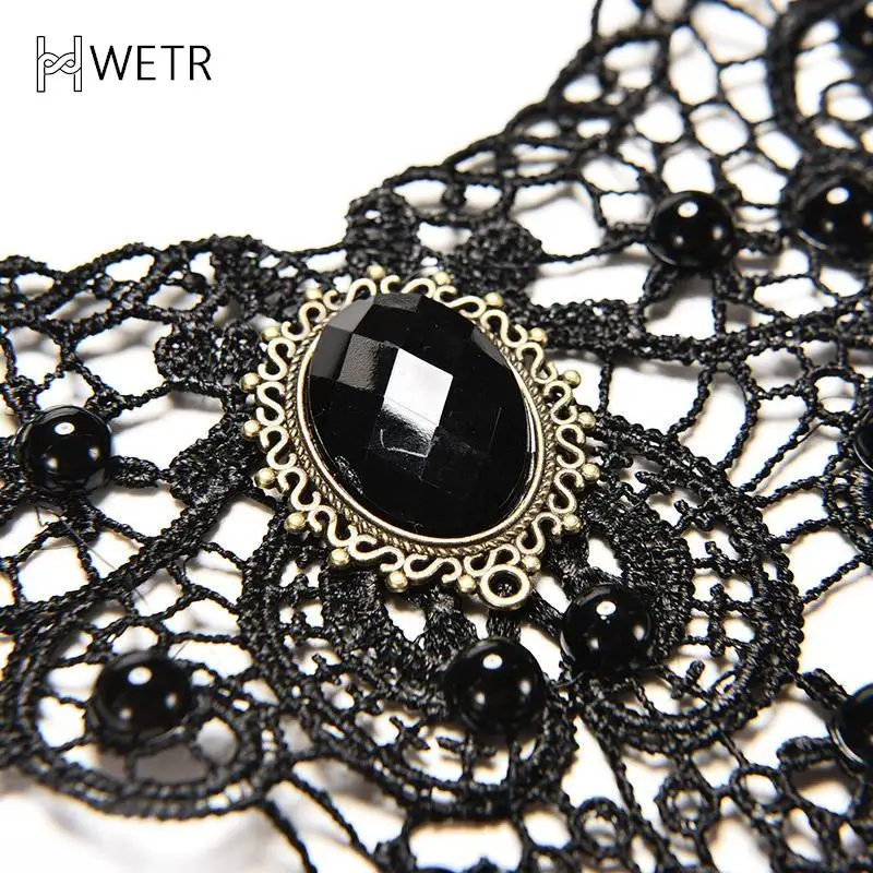 1Pc Gothic Punk Style Gem Decoration Women Black Lace Beads Choker Collar Necklace Chocker Pendant Necklaces Jewelry Gift