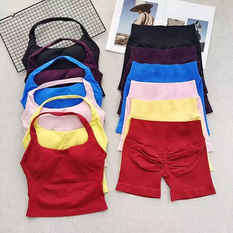 

Yoga Gym Set Women Backless Halter Tops High Waist Seamless Shorts Gym Suit Fitness Sports Bras Running Sportswear Workout Sets