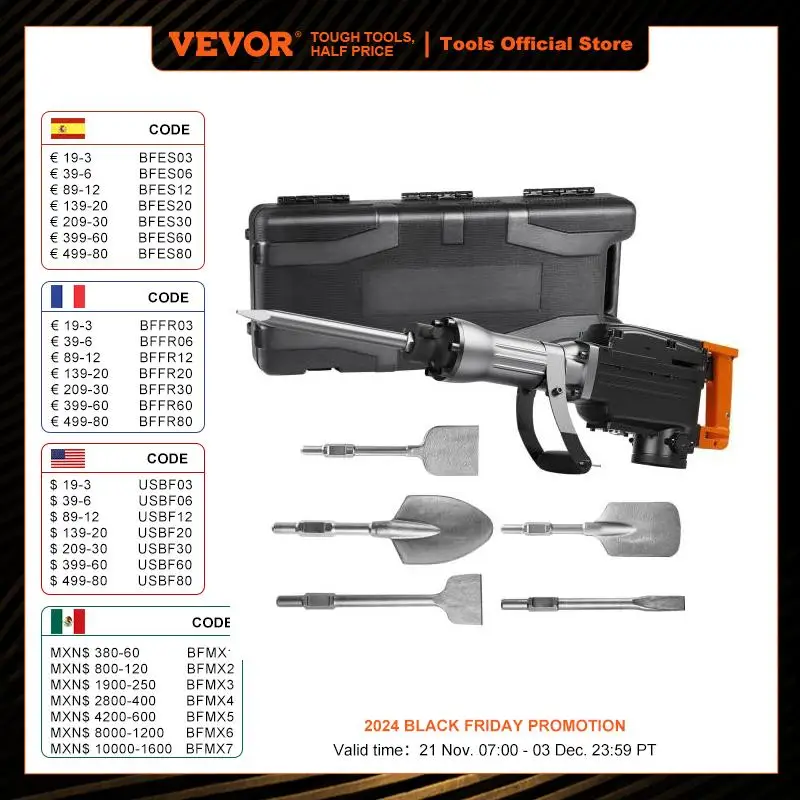 

VEVOR Demolition Jack Hammer 1350 BPM Concrete Breaker 6pcs Chisels Bit Chipping with Case 2200W Electric Jackhammer Heavy Duty