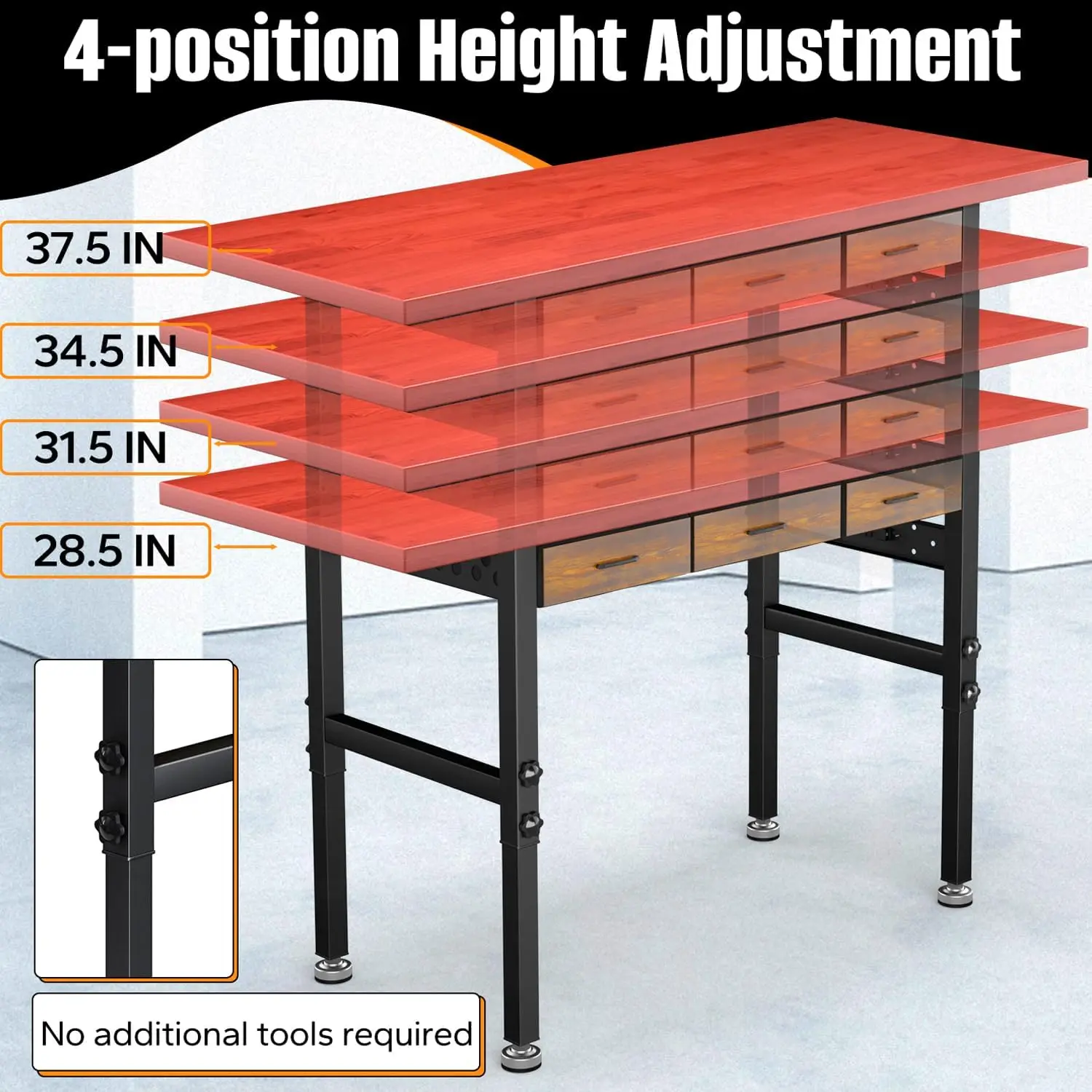 60in Adjustable Height Workbench Desk with Drawers,Power Outlets, Rubber Wood Top Heavy-Duty Work Table, 2000 LBS Load Capacity