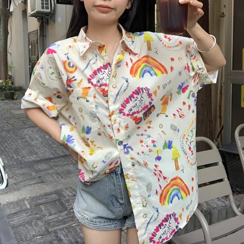 

Fashion Print Loose Shirt Tops Summer New Short Sleeve Polo Neck Pocket Patchwork Youth Sweet Blouse Casual Trend Women Clothing