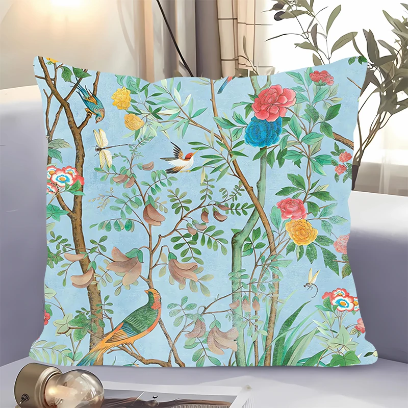 Flower And Bird Printing Series Pattern Cushion Pillowcase Square Short Plush Cushion Cover Home Decor Polyester GG Pillow Case