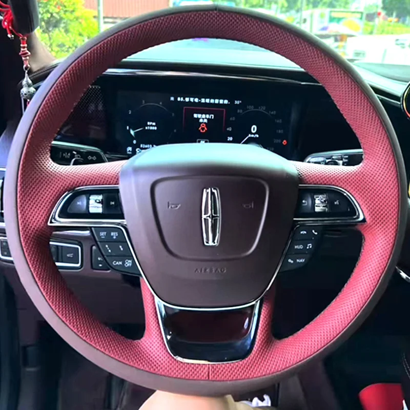 

For Lincoln Continental Navigator MKC MKS MKT MKZ Braid Full Coverage Wine Red Leather Car Steering Wheel Cover Accessory
