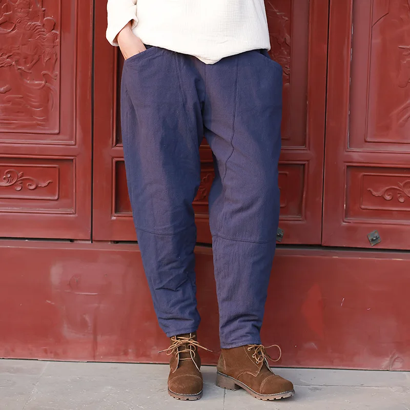 

Зимние женские повседневные брюки из утолщенного хлопка и льна в новом стиле, ретро, с эффектом потертости, с низкой талией