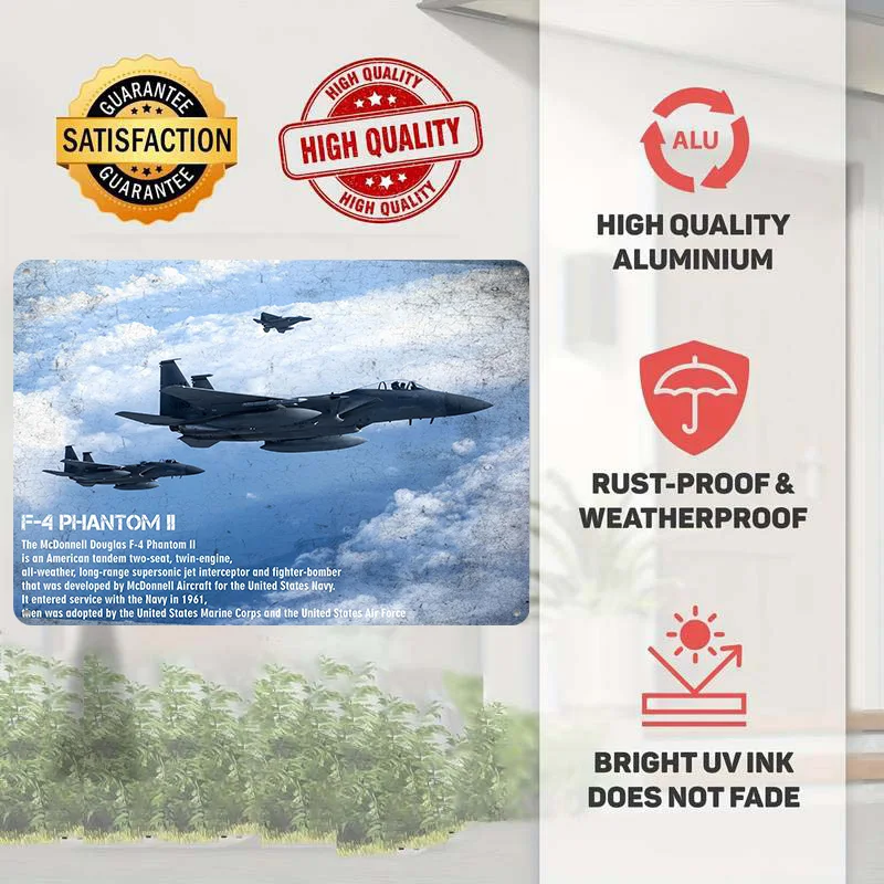 F-4 Phantom II Jet Fighter Personalized 3D Textured Metal Poster Wall Art Vintage Tin Signs for Home Decor Ornaments Wand Deko