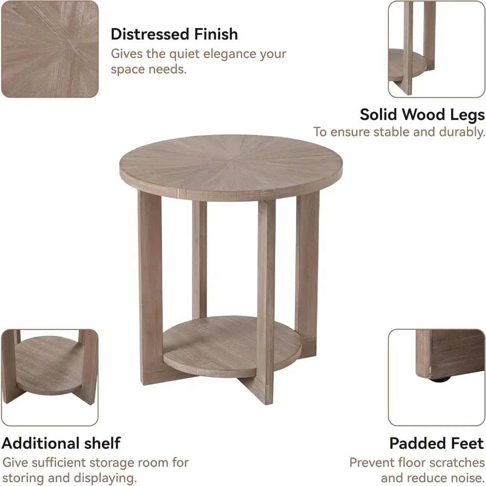 Round Wood End Tables with Storage, Rustic Farmhouse Accent Table with Distressed Wood Top, Circle Table for Living Room