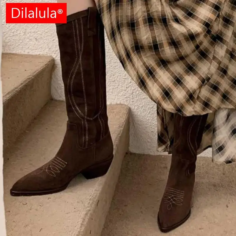 Dilalula Popular Western Women Knee-High Boots Cow Suede Leather High Quality Shoes Woman Pointed Toe Office Lady Autumn Winter