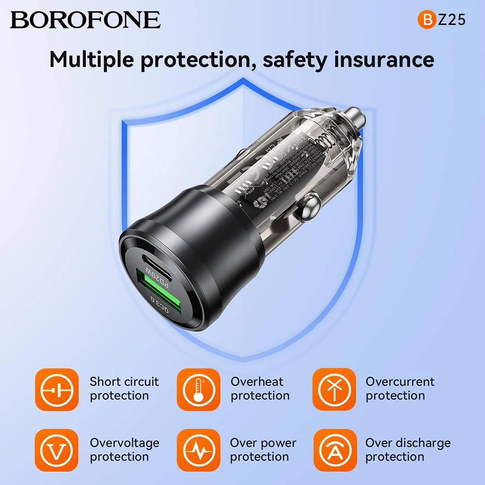 BOROFONE BZ25 PD38W Car Charger Fast Charger For Mobile Phone Cigaret Socket USB C Quick Adapter Auto Charging Head For iPhone