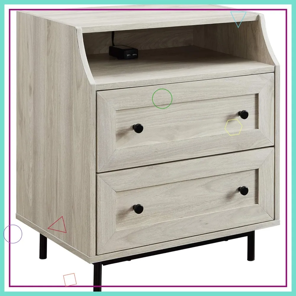 

Modern 22 Inch Side Table with USB Port & 2 Drawers - Birch Finish for Bedroom Living Room