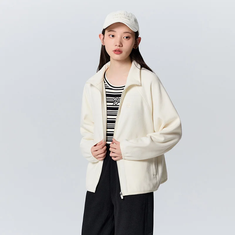 Semir Coat Women Winter Stand Collar Loose Versatile Casual Style Raglan Sleeve Polar Fleece Simple Jacket