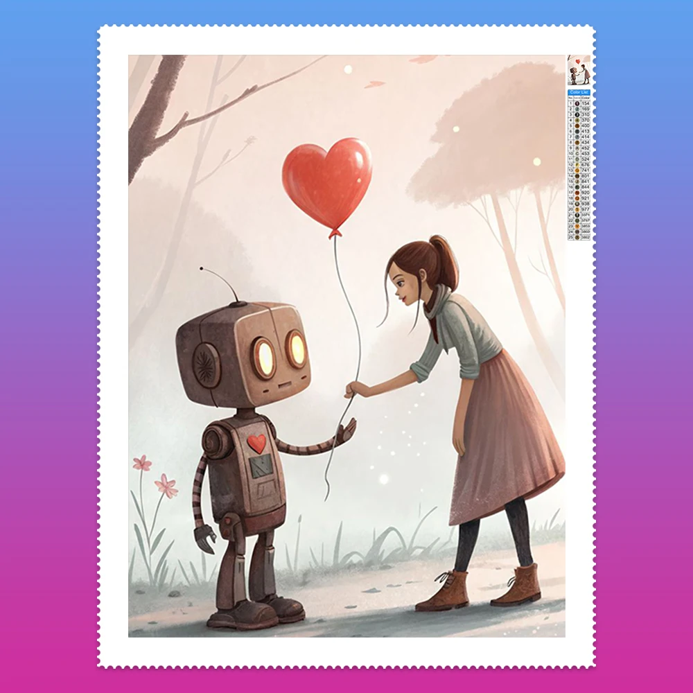 

Girl and Robot 5D Diamond Art Painting Crying Robot And Flowers DIY Gem Embroidery Rhinestones Home Wall Decor Family Hand