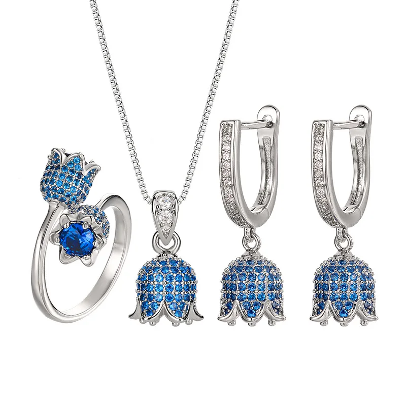 Jewelry Set Necklace Earrings Ring Accessories Sapphire Full Diamond Fashion Versatile Niche Women's Hair