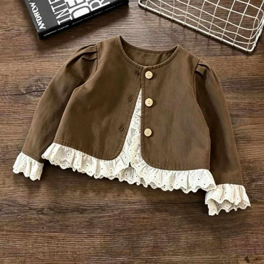 Baby and Girl Round Neck Coat Spring and Autumn New Children's Lace Splicing Jacket