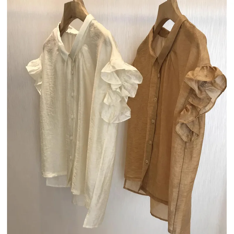 

VERLENA Women's Elegant Linen Shirt 2025 Short Sleeve Blouse Loose Tops, Frill Ruffle Cuff, Single-Breasted Button, Point Collar