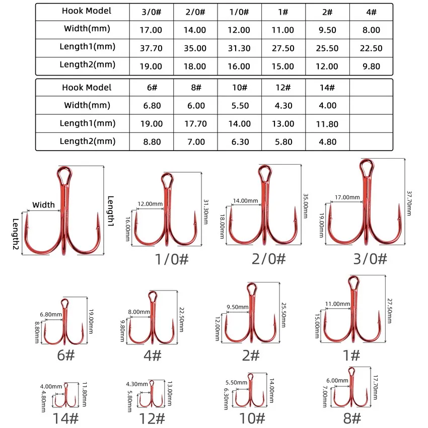 10pcs/lot Red 2/4/6/8/10# Fishing Hooks High Carbon Steel Treble Hook Round Bent Treble For Saltwater Bass Fishing Tackle Pesca