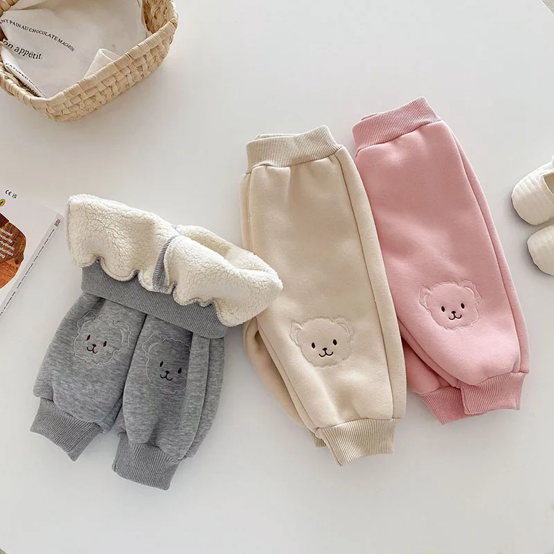 MILANCEL New Winter Kids Sweatpants Girls Cute Fleece Lining Bear Trousers 0-5T Children Thicken Sweet Casual Pants