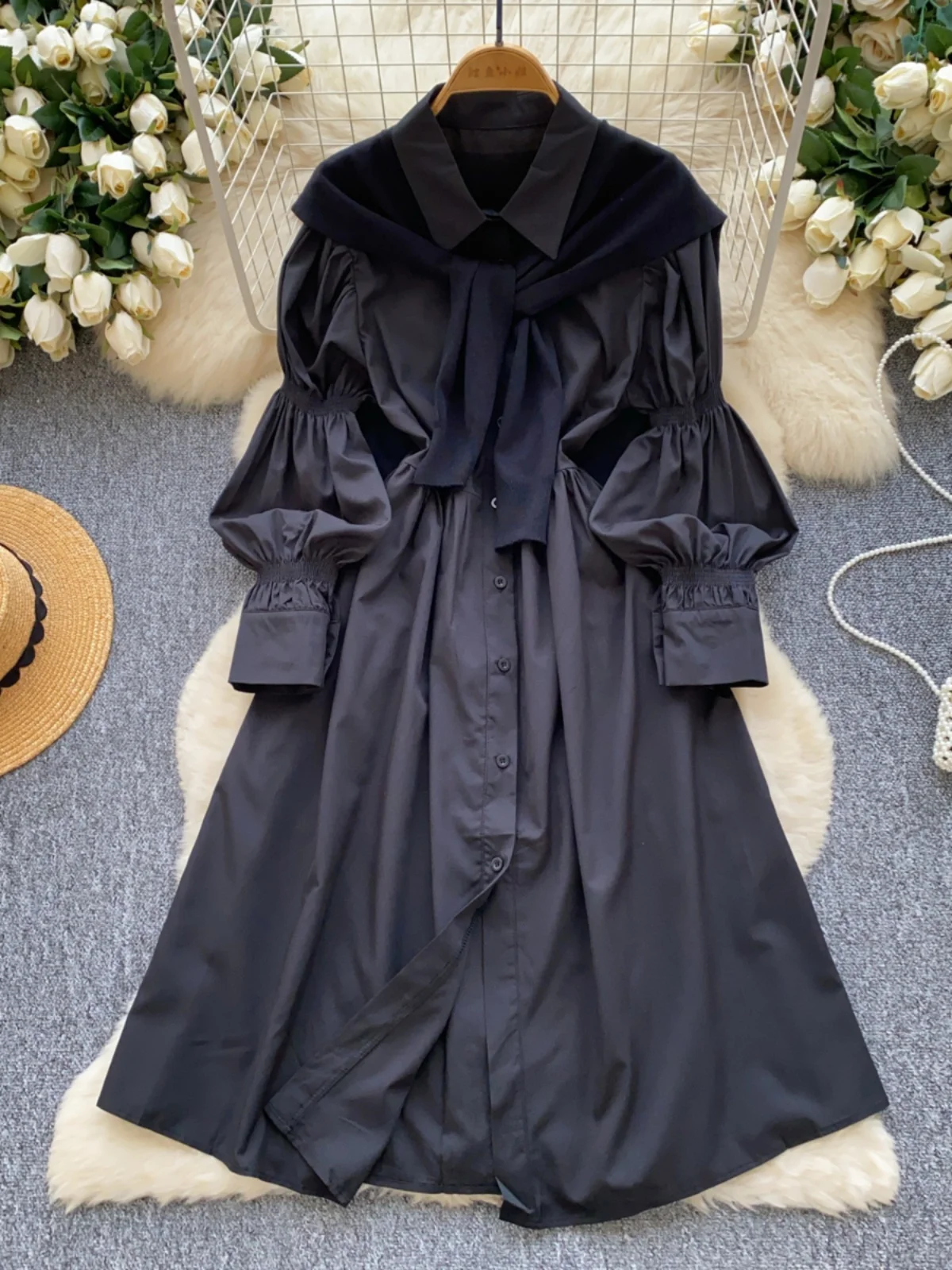 Ele White irt Dr with Bubble Sves Waist-Cinching Knitted awl Two-Piece Set for Young Women Faionable Court Sle