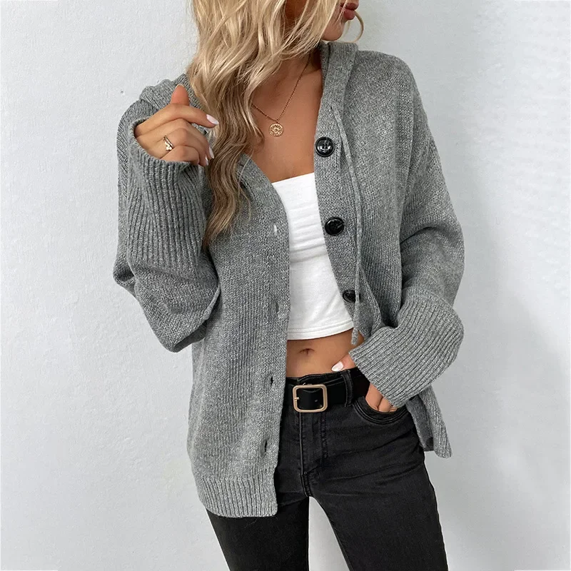 2024 New Autumn Winter Button Hooded Cardigan Sweater Women Oversize Jacket Coat Loose Thick Warm Knitted Cardigan for Women