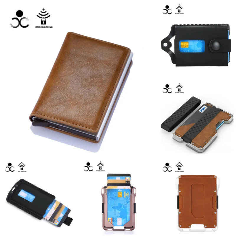 

RFID Anti-theft Card Holder Men PU Leather Retro Brake Aluminum Alloy Card Holder Carbon Brazing Card Holder Couple Wallet New