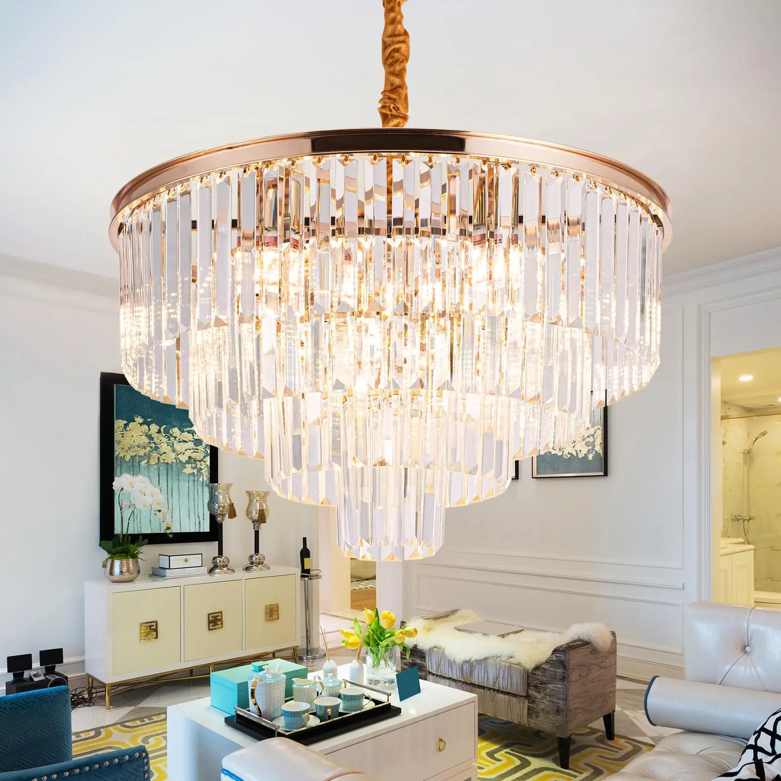 Luxurious Crystal Chandeliers Modern Contemporary Chandelier 4-Tier European Ceiling Pendant Lights,9 E12 Bulbs Required