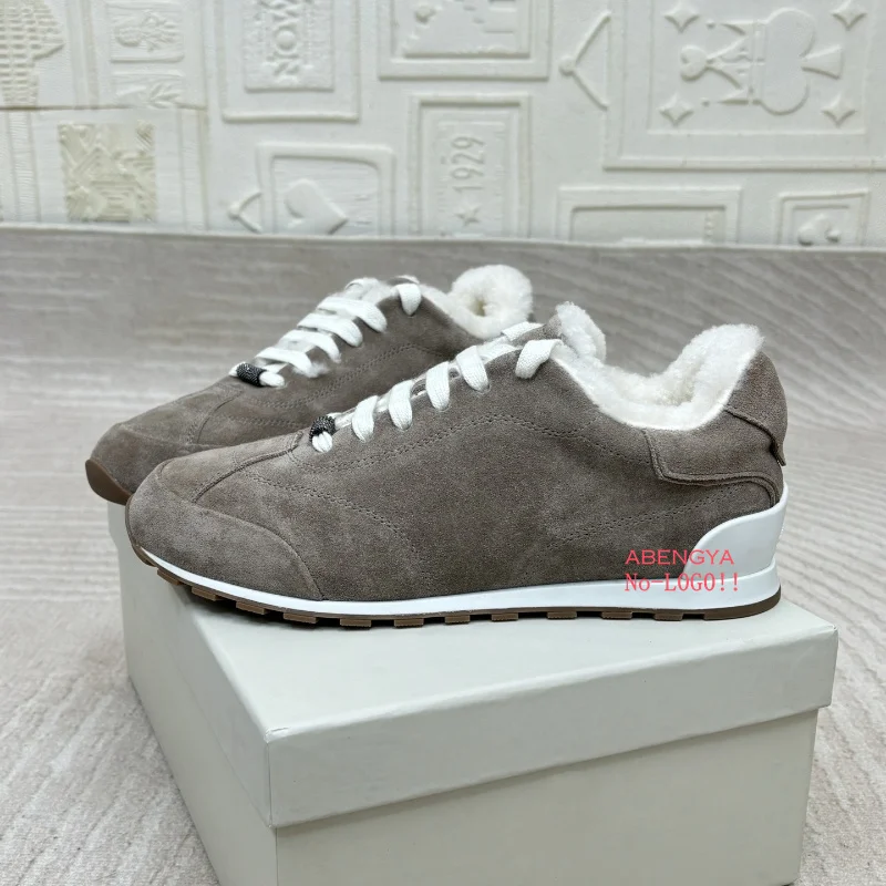 

Hot Sell Ladies Black Suede Leather Flat Fur Shoes Lace Up Platform Wool Shoes Winter High Quality Walking Wool Sneakers Women