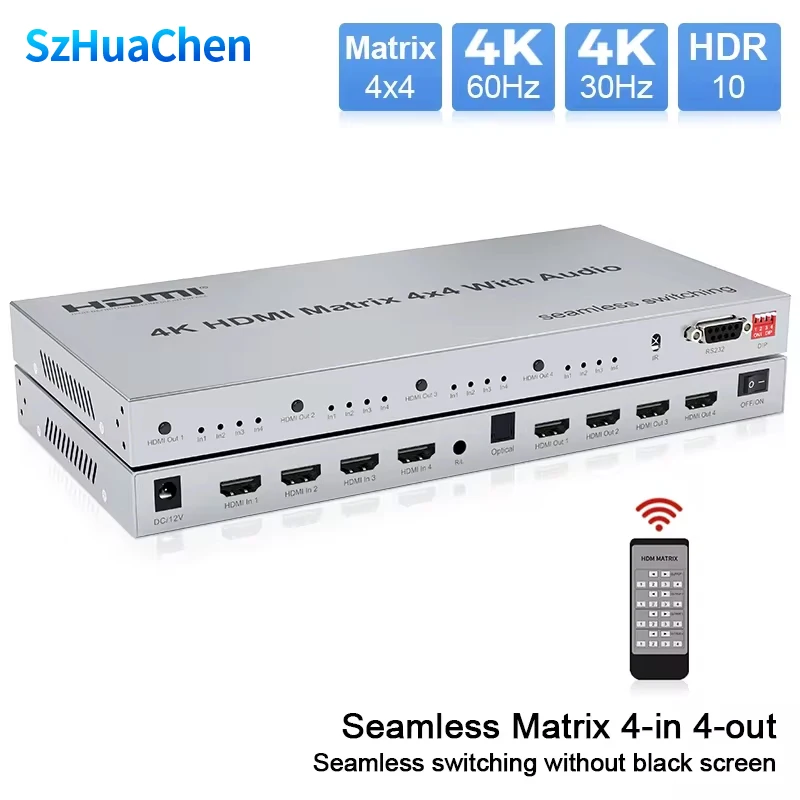 4x4 HDMI-Compatible Matrix with Audio Extractor Seamless Switcher 4 in 4 out HDMI Matrix Selector Switch Splitter for EDID RS232