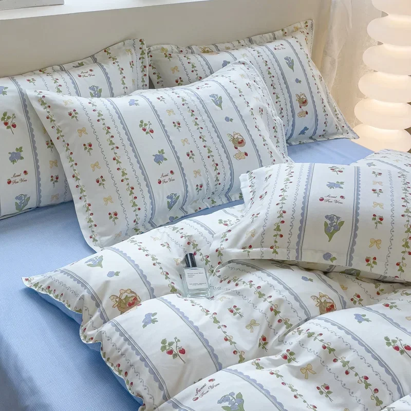 Blue Floral Bedding Set For Girls Bow Knot Print Flat Sheet Duvet Cover and Pillowcase Soft Bed Linen Double Size Home Textile