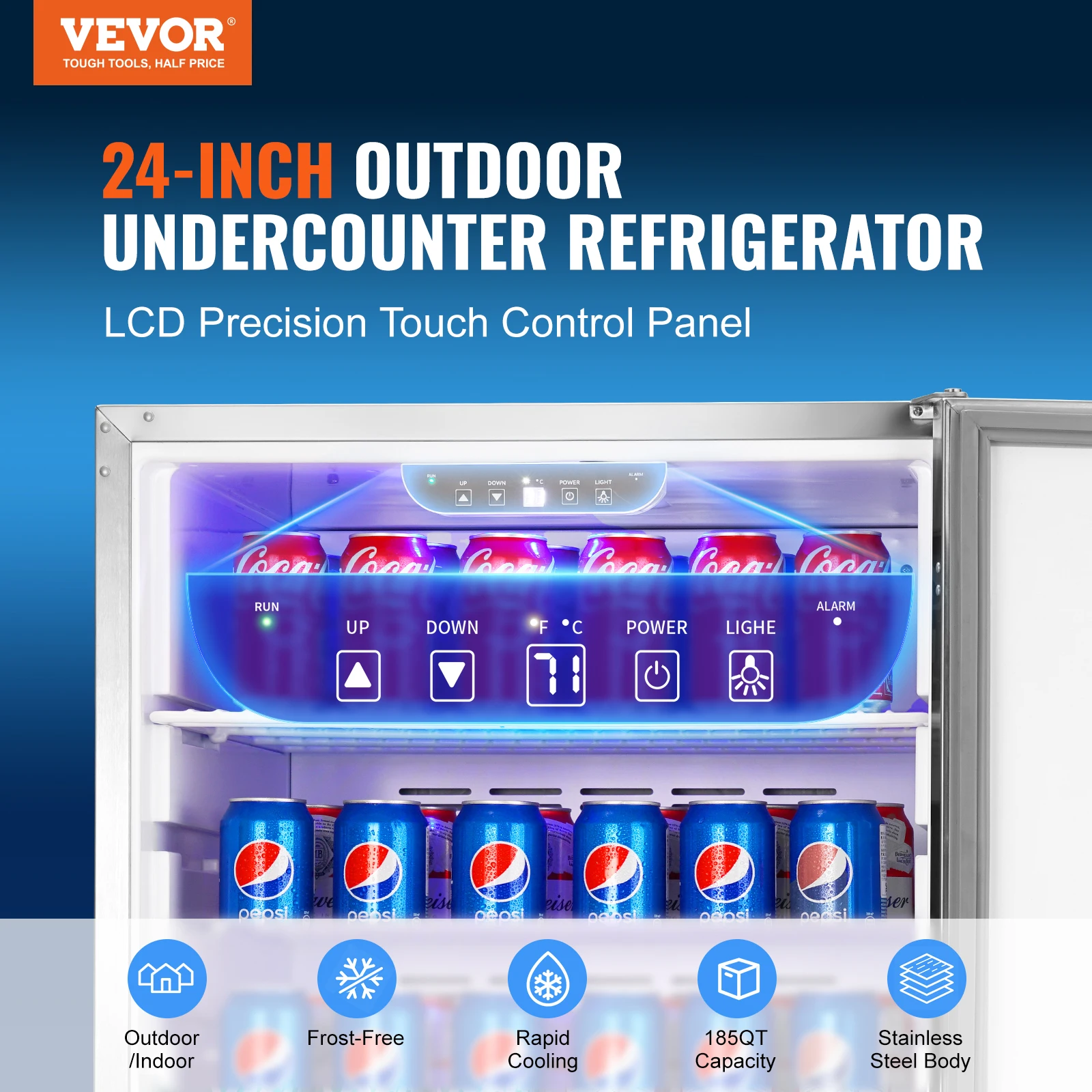 VEVOR 24 in Indoor/Outdoor Beverage Refrigerator 185QT Undercounter or Freestanding Beverage Fridge 175Cans Built-in Beer Fridge