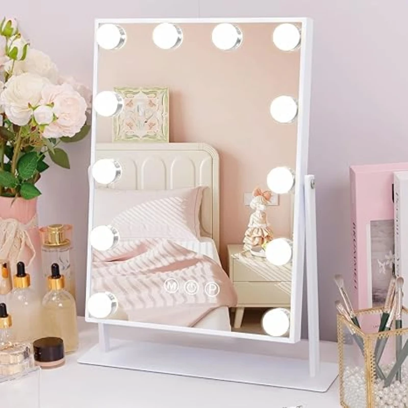 

Tabletop Vanity Mirror with 12 LED Bulbs with 3 Color Lighting Modes, Bedroom, Bathroom Vanity Mirror, Touch Controls