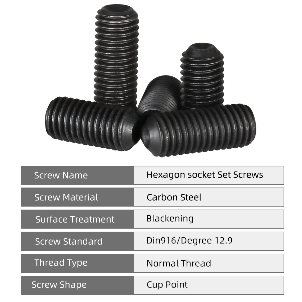 Sekrup Set Soket Hex M1.6 M2 M2.5 M3 M3.5 M4 M5 M6 M8 Baja Karbon Sekrup Grub Hitam Kelas 12.9 Cocok untuk Kunci Pas Soket Hex