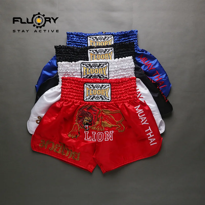 Fluory Boxing Shorts Solid Color Embroidery Lion Muay Thai Shorts