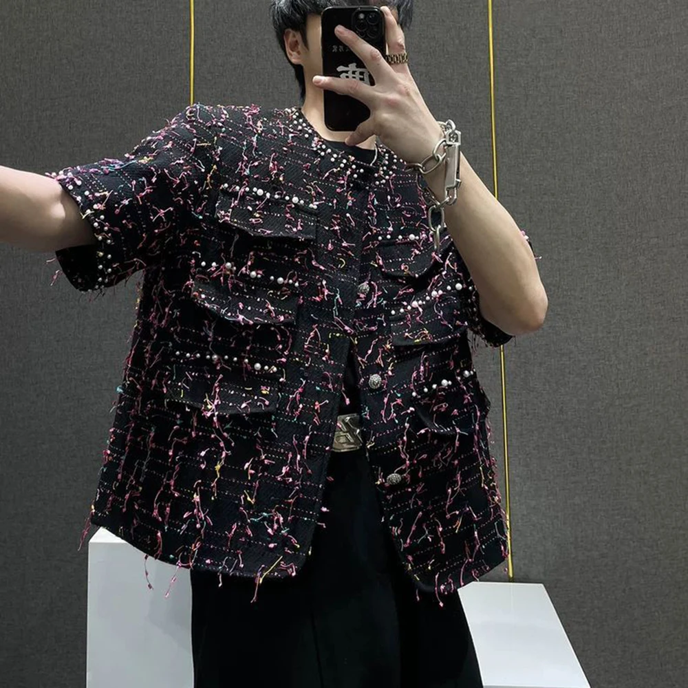 

Summer Men's Beads Tassel Short-Sleeved Jacket French Luxury Fashion Trend Leisure Loose Breathable Unisex Niche Men's Tops