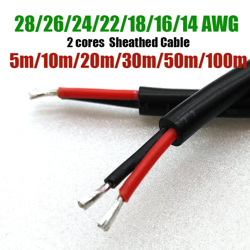 

2Core Sheathed Wire 28 26 24 20 18 16 14 22AWG Flexible Insulatioin 12V LED Cable for Auto Battery LED Strip Light Speaker Audio