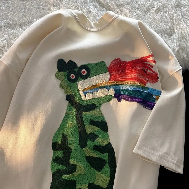 New Fashion Street Dinosaur Embroidery Women Summer T Shirt Taste Tees Loose Multicolor Sequins Harajuku Cotton Tops Female