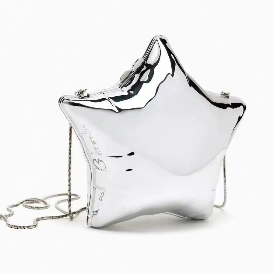 Niche Design Gold And Silver Chain Women\'s Evening Bag 2024 New Bright Face Five Pointed Star Shoulder Bag Funny Party Bag