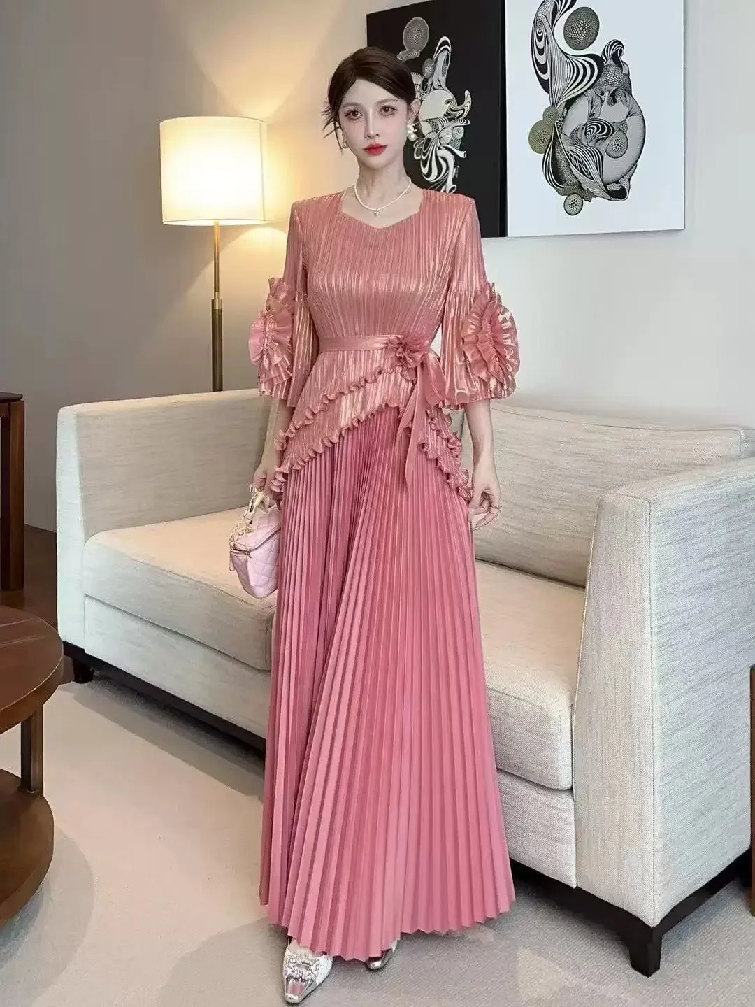 

Новый модный повседневный плиссированный женский комплект большого размера для поездок на работу Gold Emed Ele офисные длинные брюки Seven Sve круглый Ne