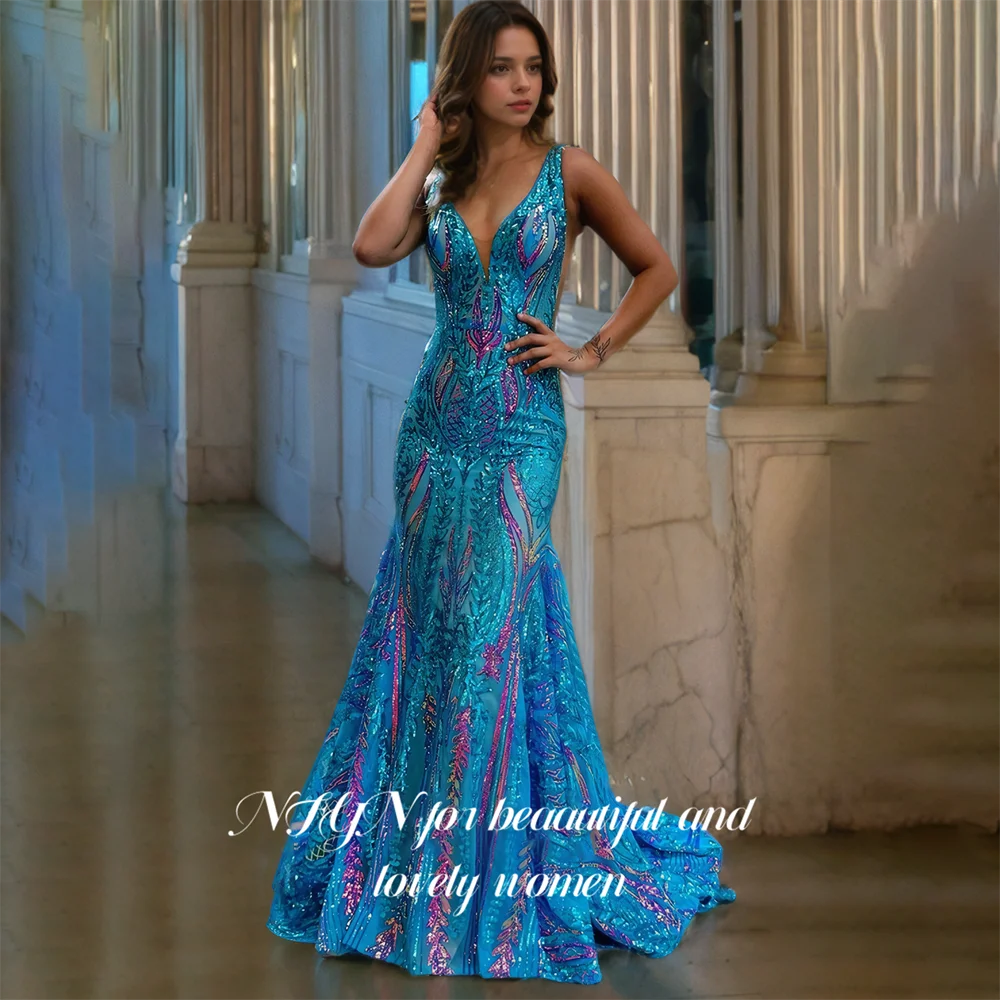 

NFYN Blue Long Lace V-neck Prom Dresses Mermaid Trumpet Party Night Dresses Pleat Evening Gown Customizedвечернее платье люкс